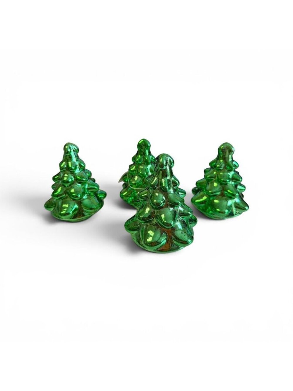 Set Of (4) Green LED Light-Up Glass Christmas Trees With Glitter Accents And Tim